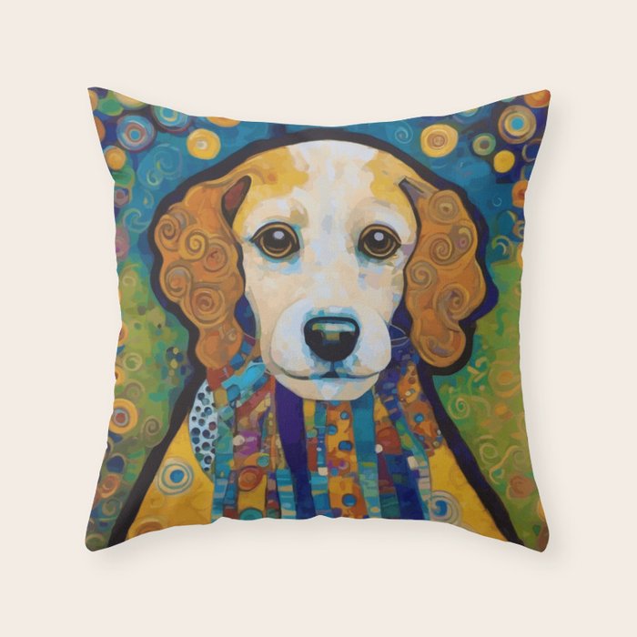 Gustav Klimt Dog with Colorful Scarf Throw Pillow Gallery Image 1