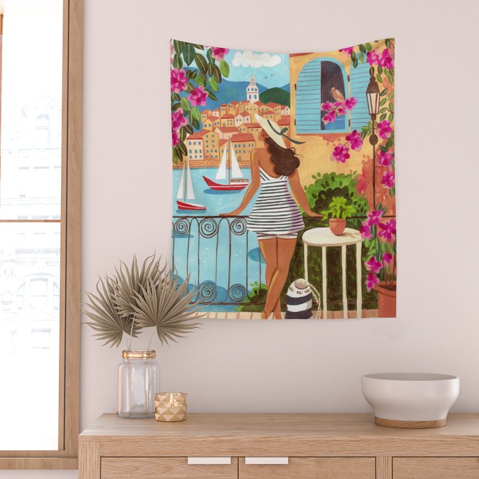 Travel poster woman in Saint-Tropez France Wall Tapestry Gallery Image 2