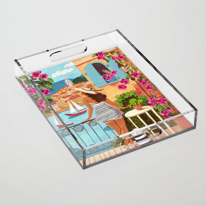 Travel poster woman in Saint-Tropez France Acrylic Tray Gallery Image 1
