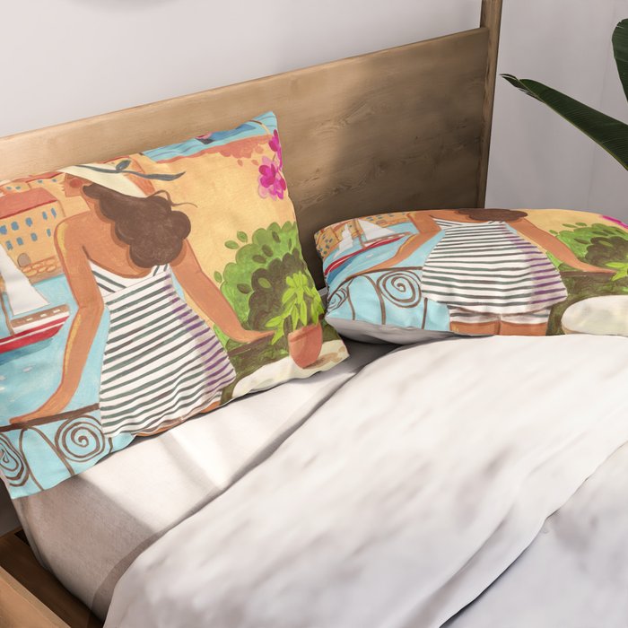 Travel poster woman in Saint-Tropez France Pillow Sham Gallery Image 2