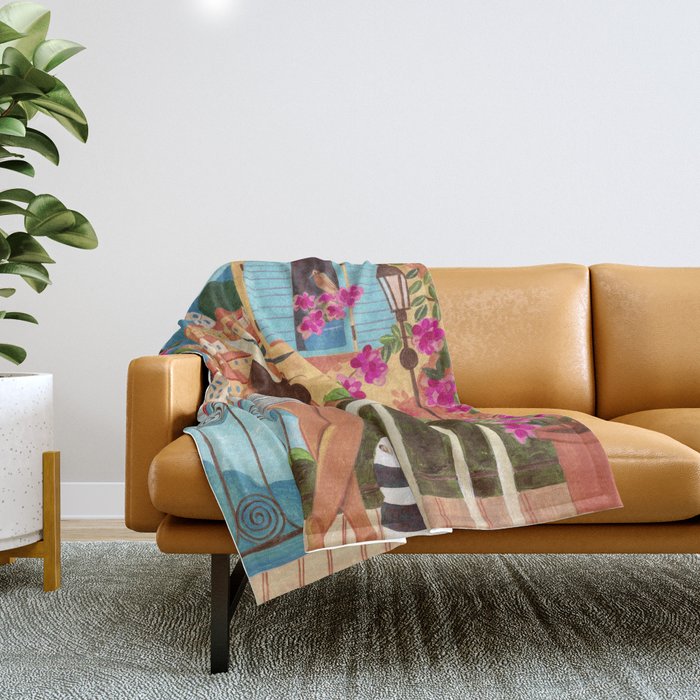 Travel poster woman in Saint-Tropez France Throw Blanket Gallery Image 1