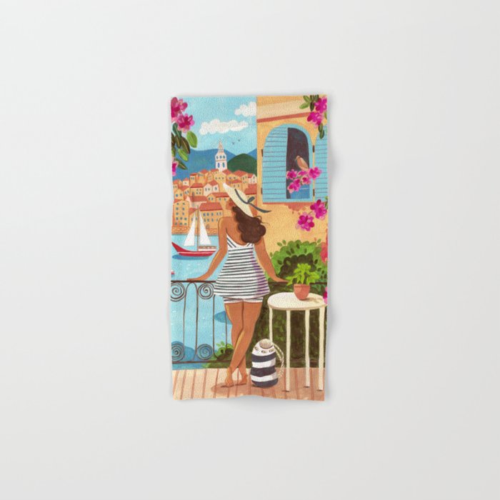 Travel poster woman in Saint-Tropez France Bath Towel Gallery Image 1