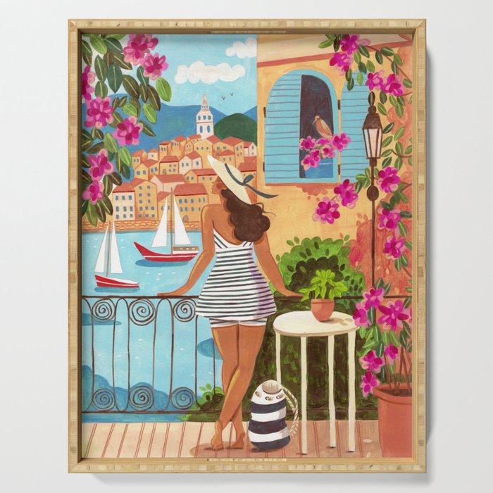Travel poster woman in Saint-Tropez France Serving Tray Gallery Image 1