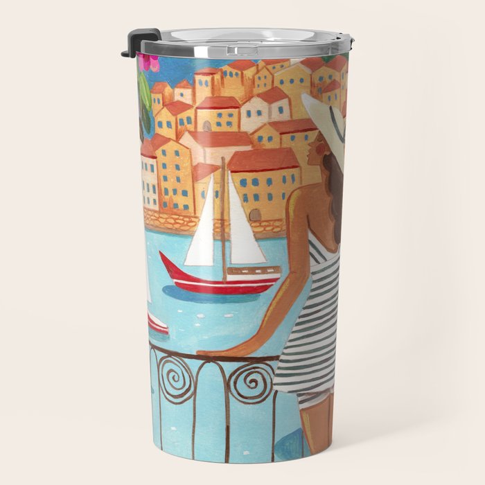 Travel poster woman in Saint-Tropez France Travel Mug Gallery Image 3