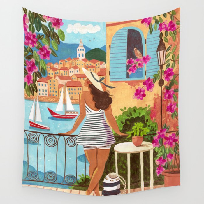 Travel poster woman in Saint-Tropez France Wall Tapestry Gallery Image 1
