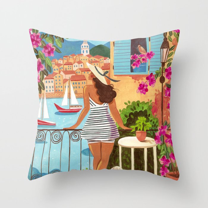 Travel poster woman in Saint-Tropez France Throw Pillow Gallery Image 1