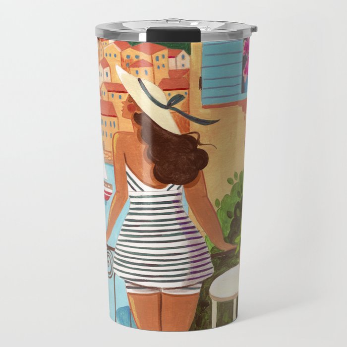 Travel poster woman in Saint-Tropez France Travel Mug Gallery Image 1