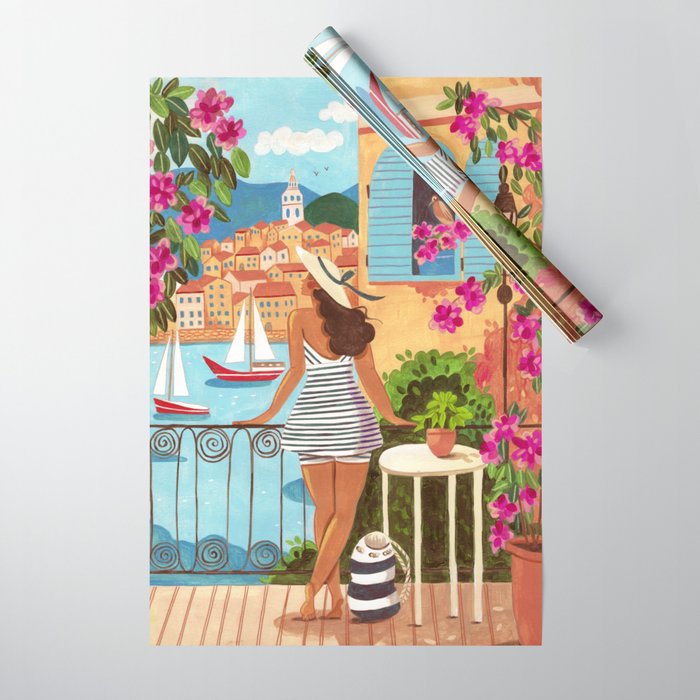 Travel poster woman in Saint-Tropez France Wrapping Paper Gallery Image 1