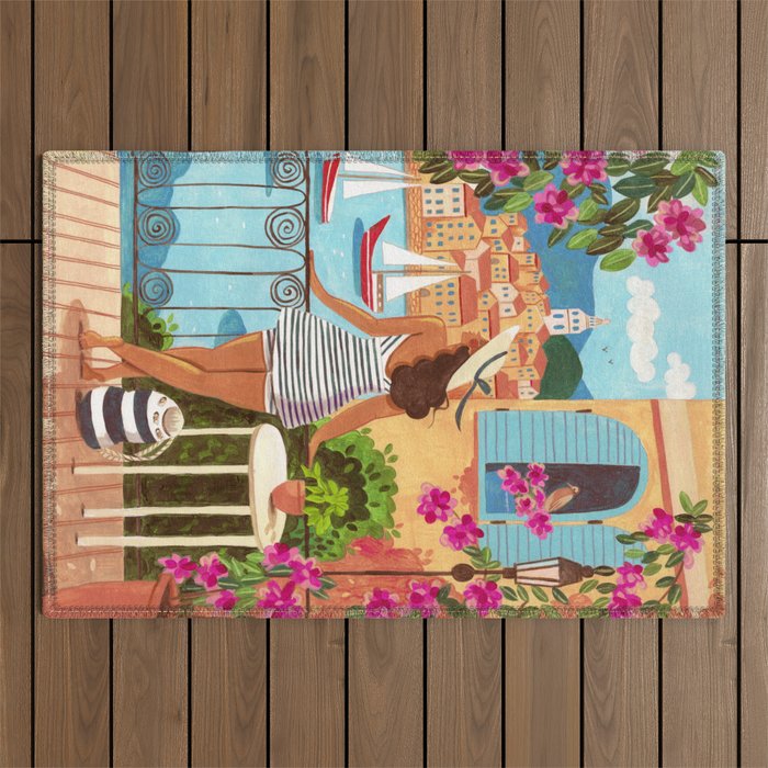 Travel poster woman in Saint-Tropez France Outdoor Rug Gallery Image 1