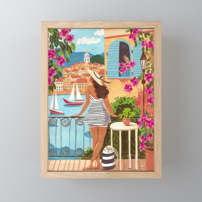 Travel poster woman in Saint-Tropez France Mini Art Print Gallery Image 1