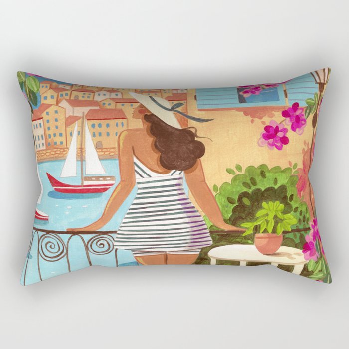 Travel poster woman in Saint-Tropez France Rectangular Pillow Gallery Image 1