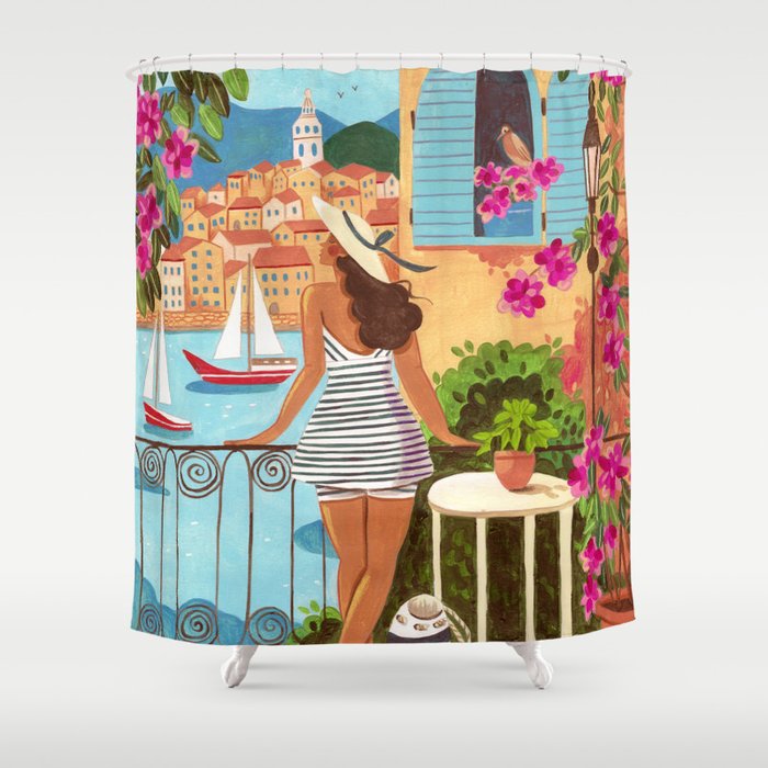 Travel poster woman in Saint-Tropez France Shower Curtain Gallery Image 1