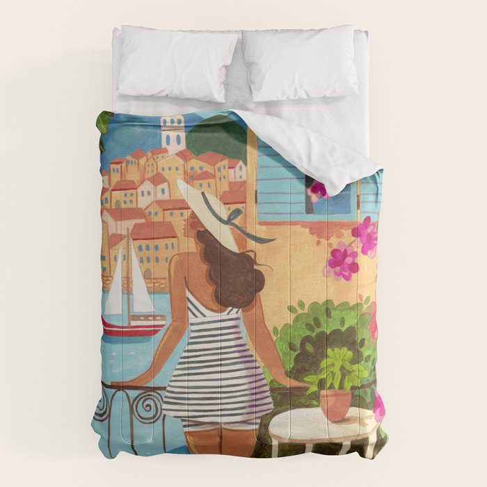 Travel poster woman in Saint-Tropez France Comforter Gallery Image 6