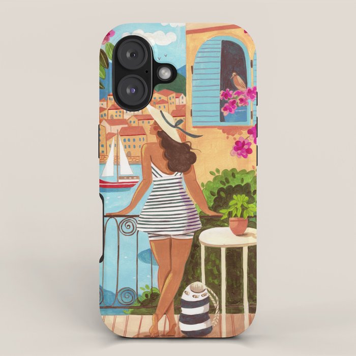 Travel poster woman in Saint-Tropez France iPhone Case Gallery Image 1