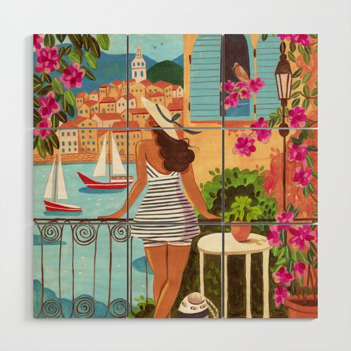 Travel poster woman in Saint-Tropez France Wood Wall Art Gallery Image 1