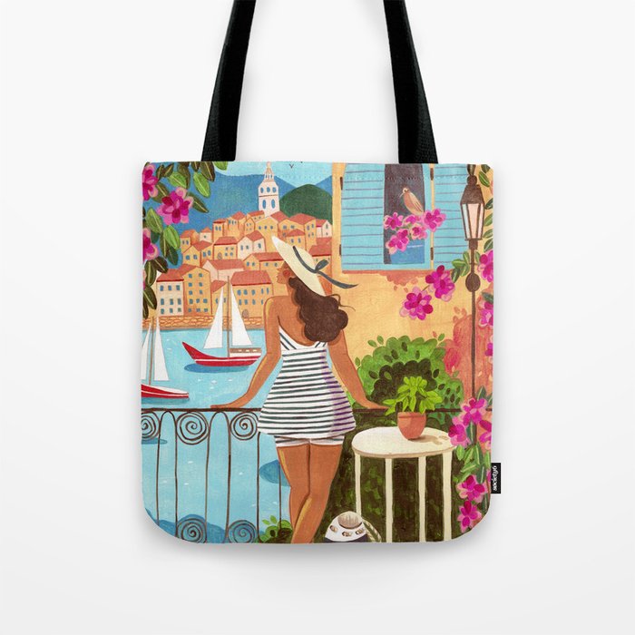 Travel poster woman in Saint-Tropez France Tote Bag Gallery Image 1