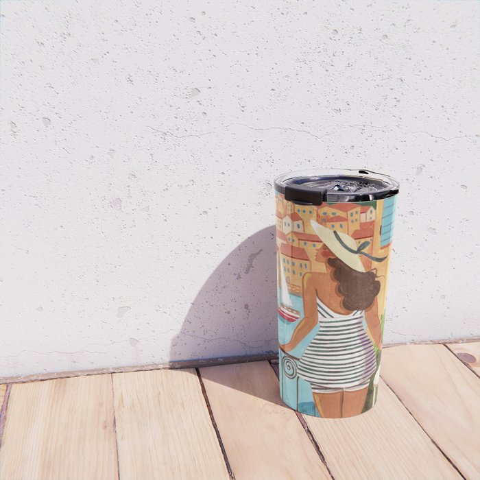 Travel poster woman in Saint-Tropez France Travel Mug Gallery Image 4