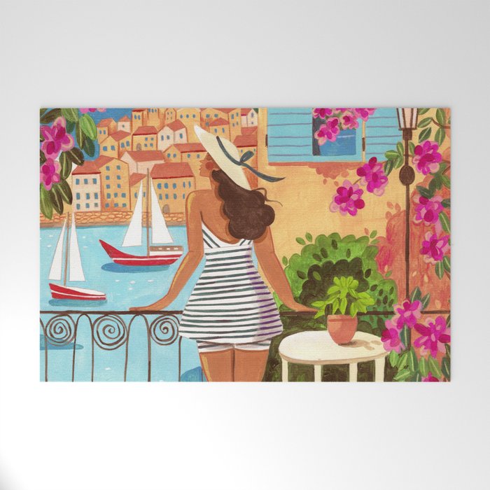 Travel poster woman in Saint-Tropez France Welcome Mat Gallery Image 1