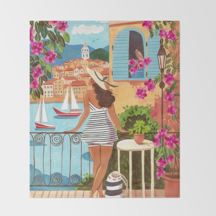Travel poster woman in Saint-Tropez France Throw Blanket Gallery Image 2