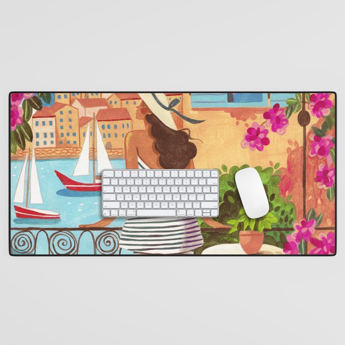 Travel poster woman in Saint-Tropez France Desk Mat Gallery Image 1