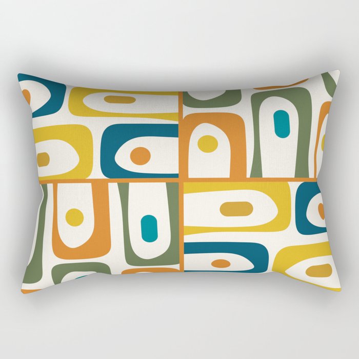 Mid Century Modern Abstract Piquet Multi Pattern in Moroccan Mustard Olive Blue Orange Cream Rectangular Pillow Gallery Image 2