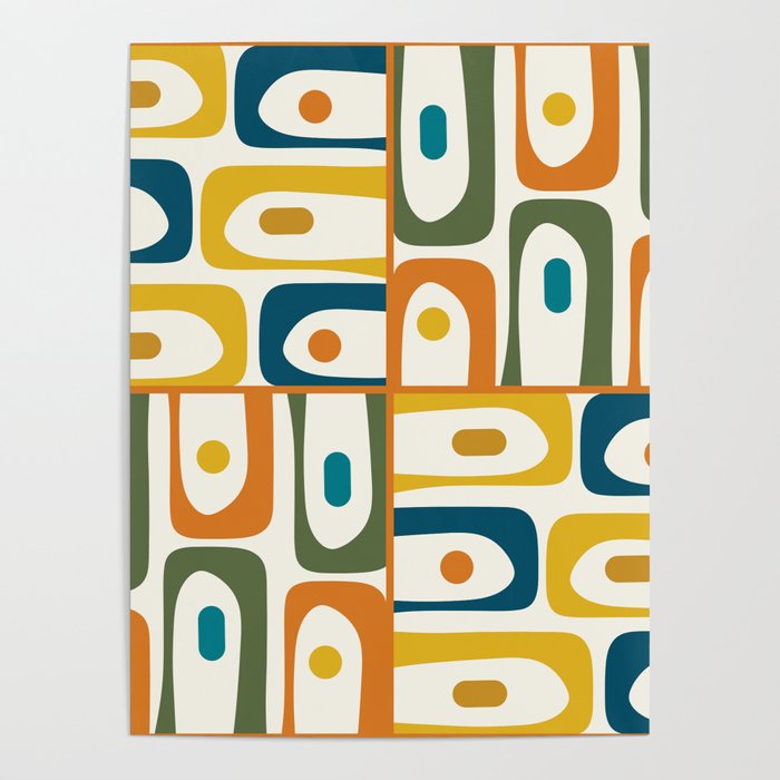 Mid Century Modern Abstract Piquet Multi Pattern in Moroccan Mustard Olive Blue Orange Cream Poster Gallery Image 4