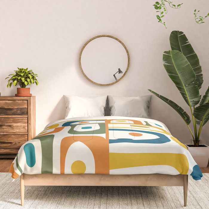 Mid Century Modern Abstract Piquet Multi Pattern in Moroccan Mustard Olive Blue Orange Cream Comforter Gallery Image 3