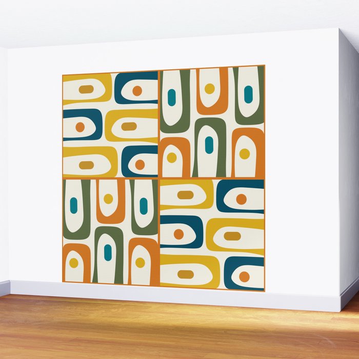 Mid Century Modern Abstract Piquet Multi Pattern in Moroccan Mustard Olive Blue Orange Cream Wall Mural Gallery Image 2