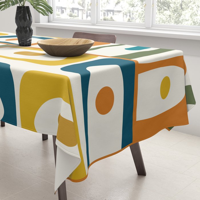 Mid Century Modern Abstract Piquet Multi Pattern in Moroccan Mustard Olive Blue Orange Cream Tablecloth Gallery Image 3