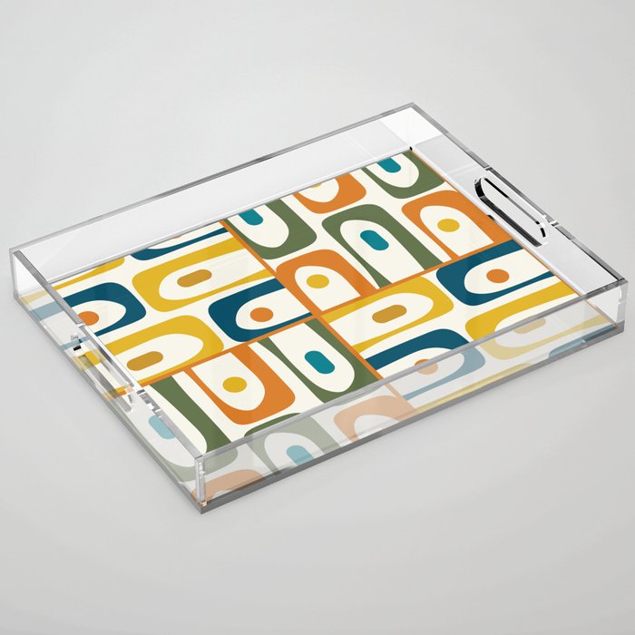 Mid Century Modern Abstract Piquet Multi Pattern in Moroccan Mustard Olive Blue Orange Cream Acrylic Tray Gallery Image 1