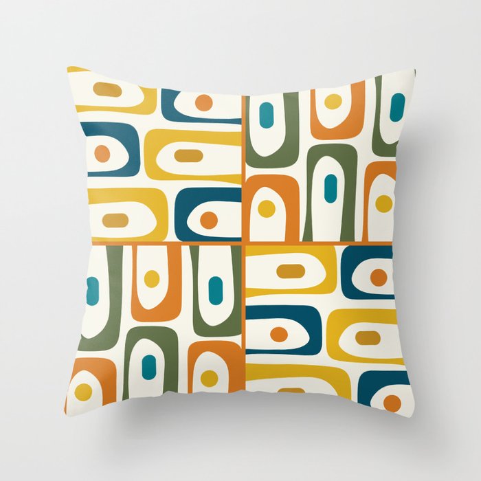Mid Century Modern Abstract Piquet Multi Pattern in Moroccan Mustard Olive Blue Orange Cream Throw Pillow Gallery Image 1