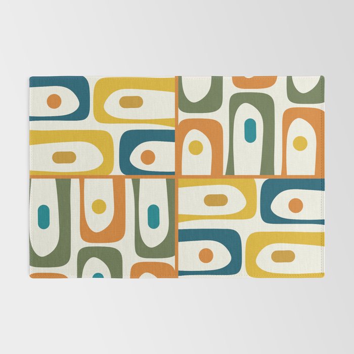 Mid Century Modern Abstract Piquet Multi Pattern in Moroccan Mustard Olive Blue Orange Cream Rug Gallery Image 2