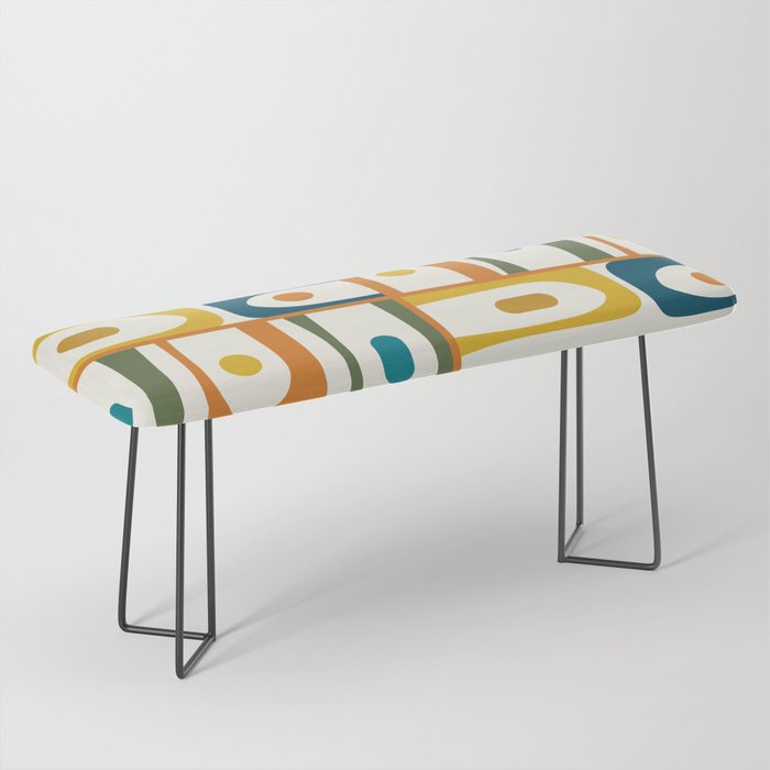 Mid Century Modern Abstract Piquet Multi Pattern in Moroccan Mustard Olive Blue Orange Cream Bench Gallery Image 1