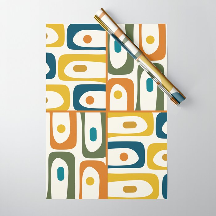 Mid Century Modern Abstract Piquet Multi Pattern in Moroccan Mustard Olive Blue Orange Cream Wrapping Paper Gallery Image 1