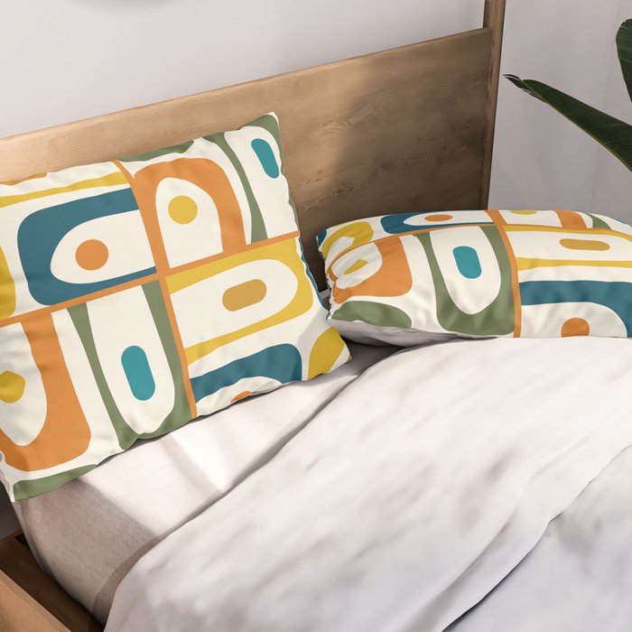 Mid Century Modern Abstract Piquet Multi Pattern in Moroccan Mustard Olive Blue Orange Cream Pillow Sham Gallery Image 2