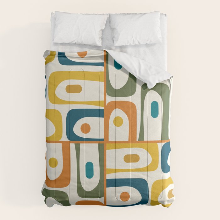 Mid Century Modern Abstract Piquet Multi Pattern in Moroccan Mustard Olive Blue Orange Cream Comforter Gallery Image 6
