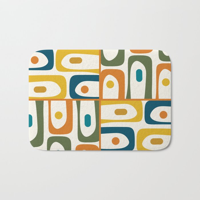 Mid Century Modern Abstract Piquet Multi Pattern in Moroccan Mustard Olive Blue Orange Cream Bath Mat Gallery Image 1