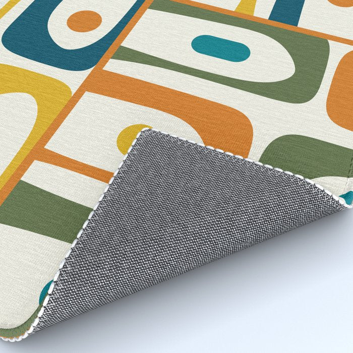 Mid Century Modern Abstract Piquet Multi Pattern in Moroccan Mustard Olive Blue Orange Cream Rug Gallery Image 4