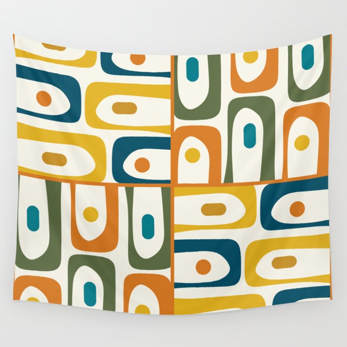 Mid Century Modern Abstract Piquet Multi Pattern in Moroccan Mustard Olive Blue Orange Cream Wall Tapestry Gallery Image 4