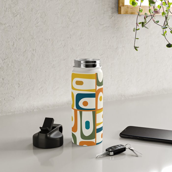 Mid Century Modern Abstract Piquet Multi Pattern in Moroccan Mustard Olive Blue Orange Cream Water Bottle Gallery Image 4