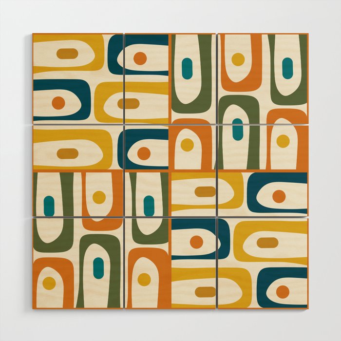 Mid Century Modern Abstract Piquet Multi Pattern in Moroccan Mustard Olive Blue Orange Cream Wood Wall Art Gallery Image 1