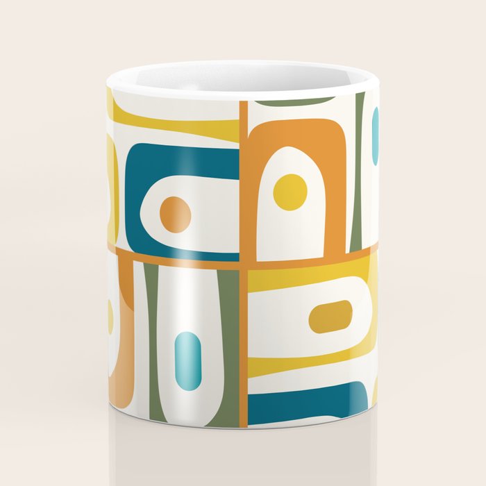 Mid Century Modern Abstract Piquet Multi Pattern in Moroccan Mustard Olive Blue Orange Cream Coffee Mug Gallery Image 4