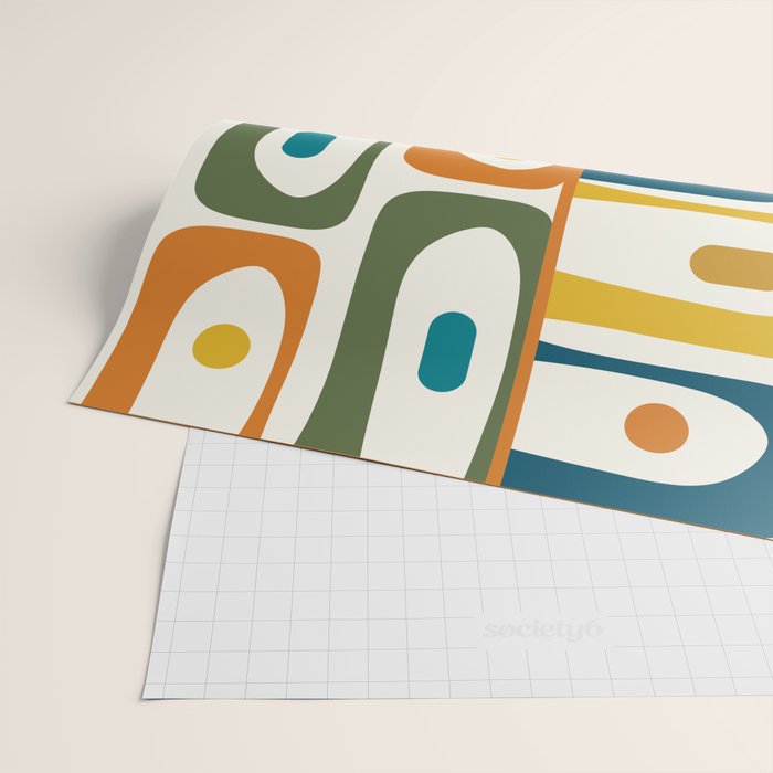 Mid Century Modern Abstract Piquet Multi Pattern in Moroccan Mustard Olive Blue Orange Cream Wrapping Paper Gallery Image 2