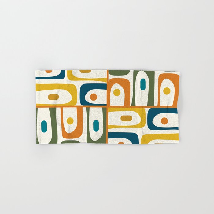 Mid Century Modern Abstract Piquet Multi Pattern in Moroccan Mustard Olive Blue Orange Cream Bath Towel Gallery Image 1