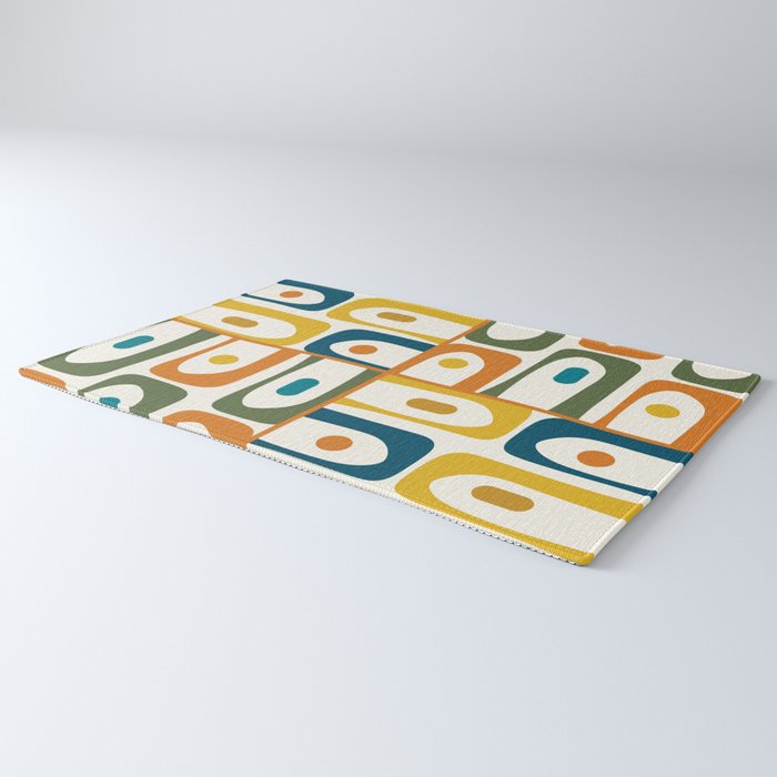 Mid Century Modern Abstract Piquet Multi Pattern in Moroccan Mustard Olive Blue Orange Cream Rug Gallery Image 3