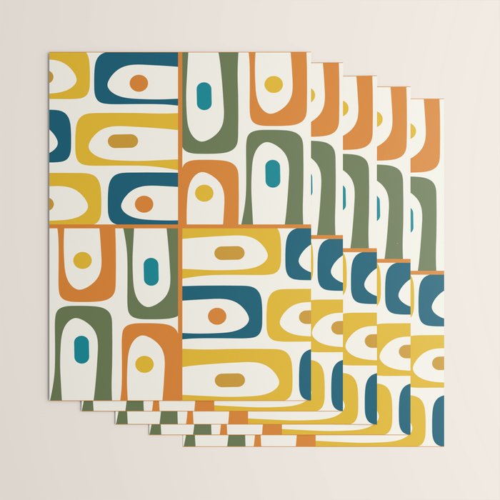 Mid Century Modern Abstract Piquet Multi Pattern in Moroccan Mustard Olive Blue Orange Cream Wrapping Paper Gallery Image 3