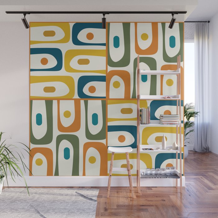 Mid Century Modern Abstract Piquet Multi Pattern in Moroccan Mustard Olive Blue Orange Cream Wall Mural Gallery Image 1
