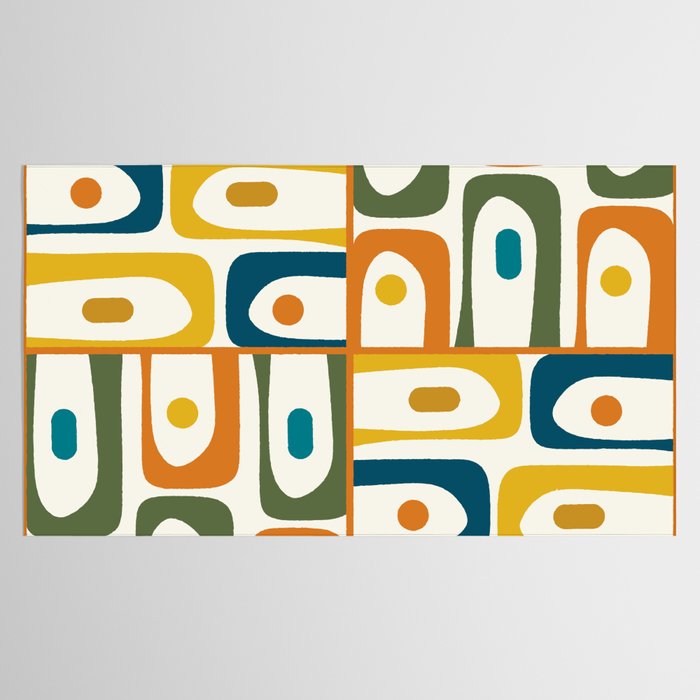 Mid Century Modern Abstract Piquet Multi Pattern in Moroccan Mustard Olive Blue Orange Cream Tablecloth Gallery Image 2