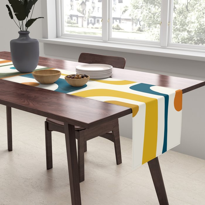 Mid Century Modern Abstract Piquet Multi Pattern in Moroccan Mustard Olive Blue Orange Cream Table Runner Gallery Image 2