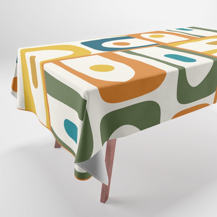 Mid Century Modern Abstract Piquet Multi Pattern in Moroccan Mustard Olive Blue Orange Cream Tablecloth Gallery Image 1